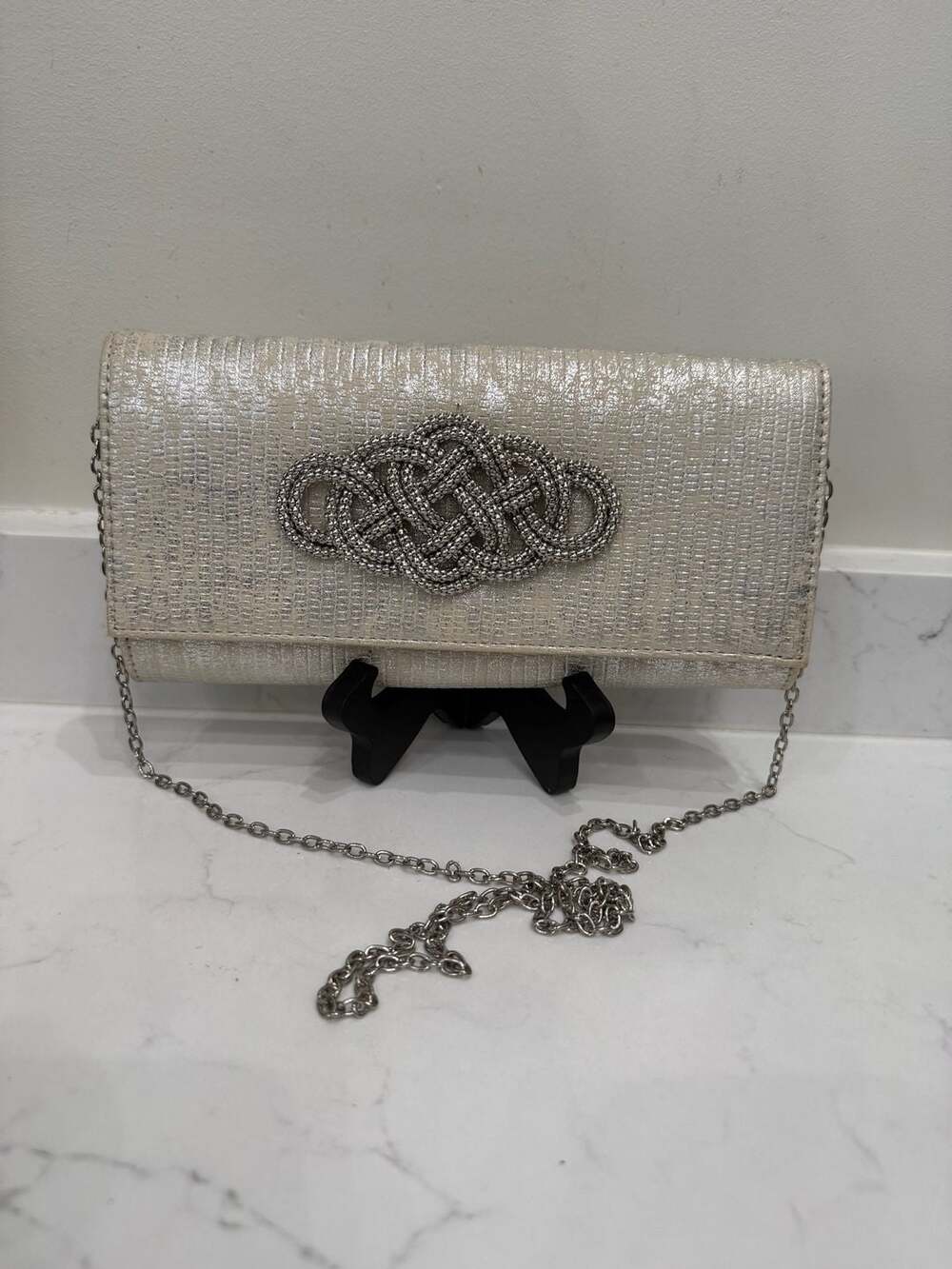 Gianni Bini Silver Snakeskin Metallic Clutch with Beaded Celtic Knot